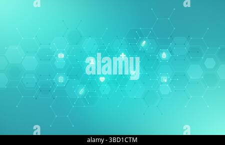 Medical background and healthcare technology with flat icons and symbols. Concept and idea for health care business, innovation medicine, health Stock Vector