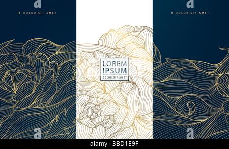 Vector set of peony flowers wavy labels, golden floral patterns. Leaves line abstract nature ornament. Royal package, elegant cosmetic illustration. Stock Vector