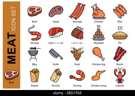 Meat icon set. colored outline icon style. containing icon beef, steak, chicken meat and more. food element vector illustration Stock Vector