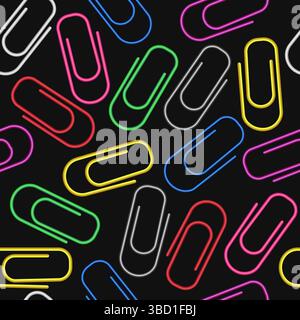 3d paper clips seamless pattern. Colorful bright clips seamless background. Colored paperclip black background. Business or education background. Stock Vector