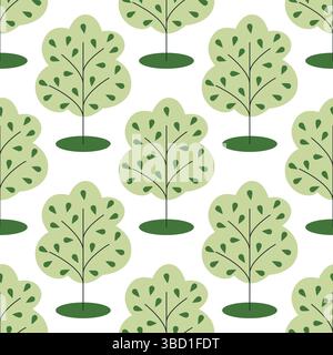 Green trees with young leaves seamless pattern. Background with simple single trees. Deciduous forest print, vector graphics Stock Vector