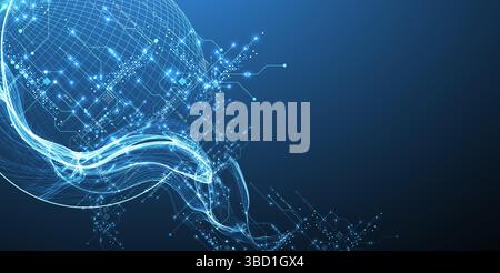 Abstract data wave with sphere and futuristic circuit lines. Technology concept. Vector Stock Vector