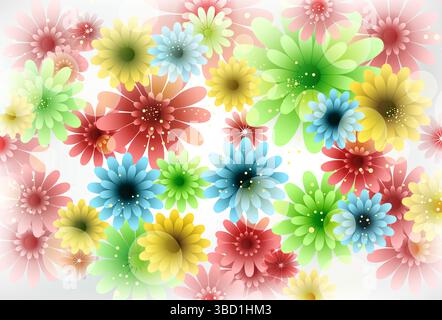 Vibrant Abstract Floral Pattern with Multicolored Layered Flowers  Vibrant Abstract Floral Pattern with Multicolored Layered Flowers Stock Vector