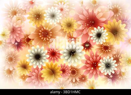 Vibrant Abstract Floral Pattern with Multicolored Layered Flowers  Vibrant Abstract Floral Pattern with Multicolored Layered Flowers Stock Vector