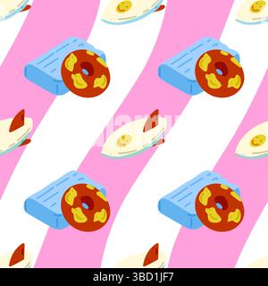 Seamless pattern with inflatable pool toys including a donut ring, air mattress and surfboard. Flat cartoon beach design with wavy pink and white stri Stock Vector