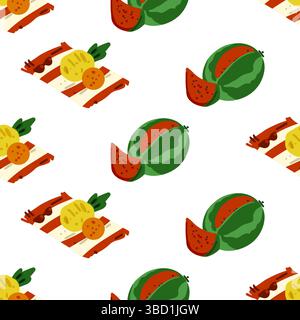 Seamless pattern with whole watermelons, fruit slices and picnic blankets. Flat summer design with tropical food elements on white background. Stock Vector