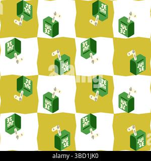 Seamless pattern with stylized green juice boxes and straws. Geometric flat design with alternating yellow and white background. Stock Vector