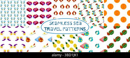 Set of 10 seamless patterns on the sea travel theme. Includes beach balls, pineapples, luggage, ice cream, drinks, fruits, and inflatable toys. Bright Stock Vector
