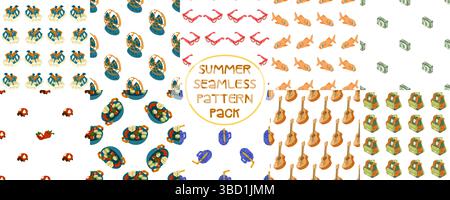 Set of 10 seamless summer-themed patterns in flat cartoon style. Includes guitars, backpacks, sunglasses, salad bowls, strawberries, swimsuits, and tr Stock Vector