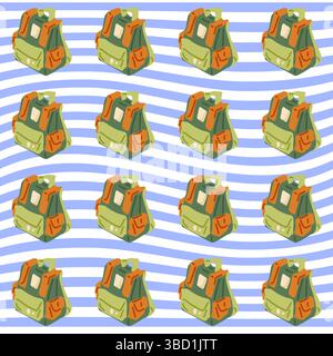 Seamless pattern with cartoon camping backpacks in flat style. Outdoor adventure design on wavy blue and white striped background. Stock Vector