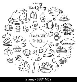 Thanksgiving outline doodle big set. Autumn collection of hand drawn icons. Stock Vector