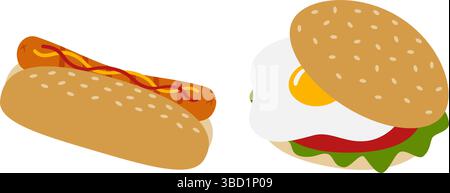 Freehand Fast Food Sandwiches Hot dog ang Egg Burger of Sesame Bun fried Egg Greens Tomato slice Set. Vector illustration Fast Food Thematic Menu Cards or promo banner, poster, leaflets, price, labels Stock Vector