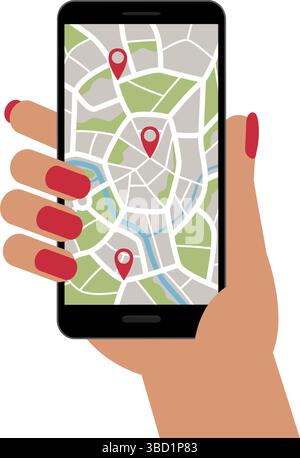Female hand holding smartphone with city map and route on screen Stock ...