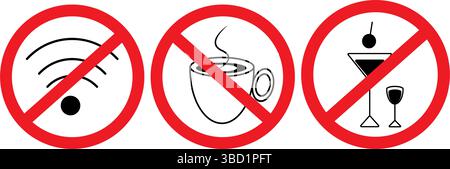 WiFi sign, Coffee cup, Alcohol drinks Minimalistic Icons under The ban sign Set Prohibitory symbols. Isolated Vector Illustration Themed cards, signs, flyer or cafes, event spaces digital banner, tag Stock Vector