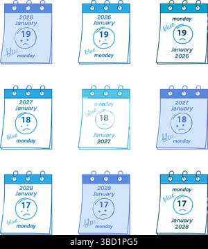 Spring bound calendar pages Blue Monday Date and Hand Drawn Sad emoticon around and text blue Bundle. Isolated Vector illustrations Greeting, thematic cards, poster or promo banners, leaflets, invites Stock Vector