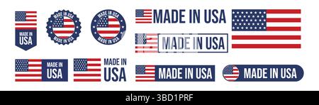 Made in USA Labels Icon, American Flag product emblem logo, Set of made in the USA labels Vector illustration Stock Vector
