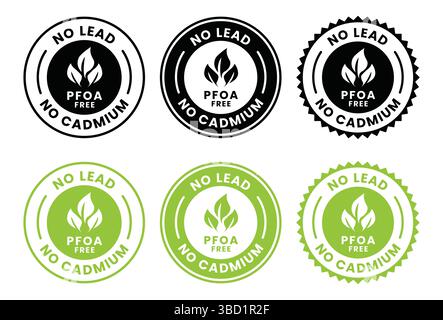 PFOA FREE, no lead, no cadmium logo badge set. PFOA FREE, no lead, no icon set, PFOA FREE, no lead, no emblem. Suitable for business. Stock Vector
