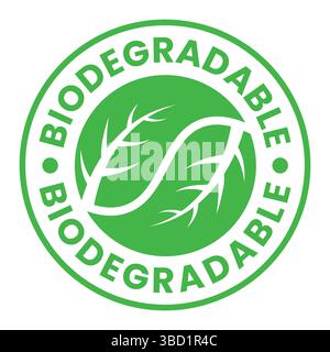 Biodegradable with leaf circle icon set. Biodegradable packaging label, badge, symbol, logo. Plastic free, biodegradable eco safe, recyclable. Stock Vector