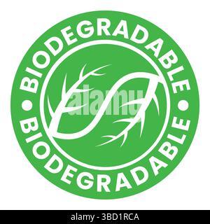 Biodegradable with leaf circle icon set. Biodegradable packaging label, badge, symbol, logo. Plastic free, biodegradable eco safe, recyclable. Stock Vector