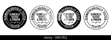 Dermatologically tested set icon. Dermatology, dermatologist, clinically tested and proven, allergy free, laboratory tested, lab, logo, badge, symbol, Stock Vector
