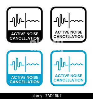Active noise cancellation badge. Active noise cancellation icons set, Active noise cancellation sticker set,. Stock Vector