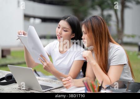 Focus and Study Techniques. Two students collaborating on their studies, reviewing documents in an inviting study space. Stock Photo