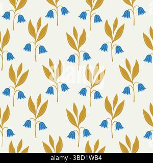 Seamless golden floral pattern with blue bells. Bell flowers with golden leaves on beige background. Vector illustration Stock Vector