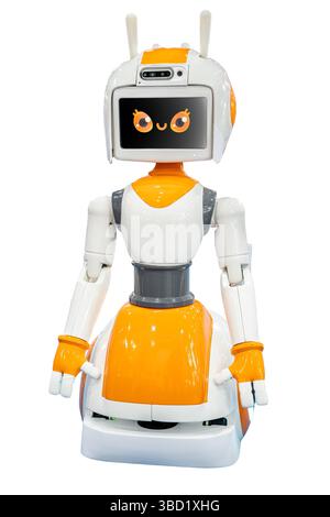 AI small orange robot with human face and body isolated on white background. Humanoid. Artificial Intelligence. Stock Photo