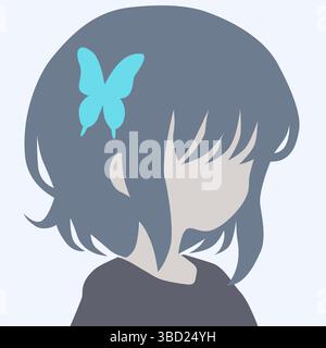 Minimalist Portrait of Girl with Blue Hair and Butterfly Accessory  Minimalist Portrait of Girl with Beautiful Hair Stock Vector