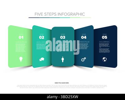 This horizontal five steps infographic template presents a clear visual layout. Each of the five steps includes icons and placeholder text for process Stock Vector