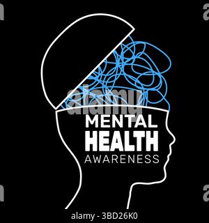 Mental Health awareness background with a simple head shape with scribbled lines for brain Stock Vector