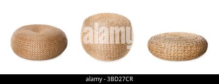 Straw poufs isolated on white, collage. Interior element Stock Photo