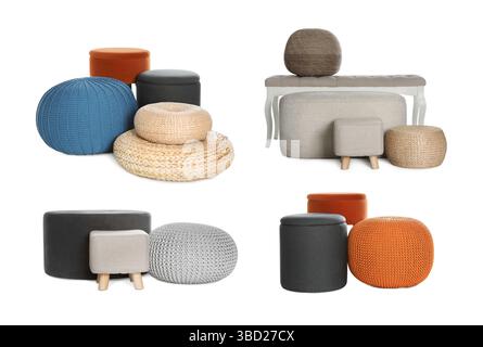 Different poufs isolated on white, collage. Interior element Stock Photo