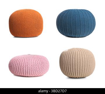 Different knitted poufs isolated on white, collage. Interior element Stock Photo