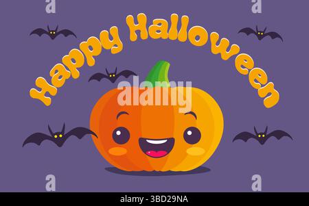 Vector illustration of children in costumes for Halloween. Illustration with cute kid in Halloween monsters costumes. Pumpkin and bats. Stock Vector