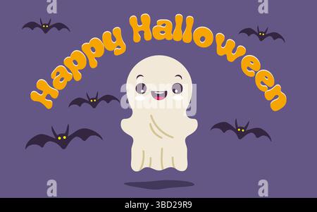 Vector illustration of children in costumes for Halloween. Illustrations with cute kid in Halloween monsters costumes. Ghost and bats. Stock Vector