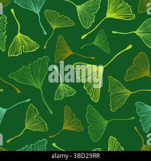 Vector vintage seamless pattern with ginkgo biloba leaf. Vector retro floral pattern with green ginkgo biloba leaves Stock Vector