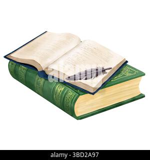 Open book lies on closed book, with feather on page. Watercolor illustration. Stack of textbooks, grimoire, isolated on white background. Theme of mag Stock Photo