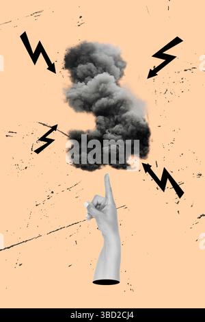 Collage of a woman hand pointing a dark cloud and rays on a scratched light orange background Stock Photo