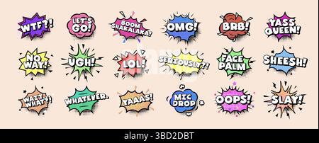 Comic speech bubbles with modern slang words and pop art style. Funny colorful retro expressions for memes, messages, emoji reactions, design stickers Stock Vector