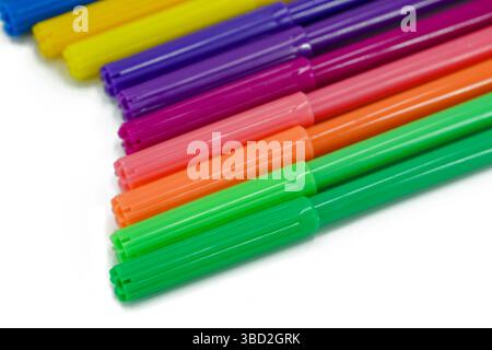 Felt Tip Pens. Multicolored Felt-Tip Pens isolated on a white background. Colorful markers pens. Tub of coloured marker pens. Stock Photo