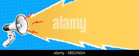 Collage style artwork featuring a hand holding a megaphone. Retro vibe with bold colors. Represents communication and announcements on a vibrant backd Stock Vector