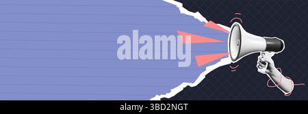 Collage of a hand holding a megaphone projecting sound. Torn paper effect reveals a blue background. Creative design suitable for advertising and anno Stock Vector