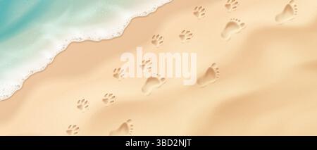 Illustration of footprints and pawprints on a sandy beach. Gentle waves add texture. Used to convey summer vibes, vacation memories, and coastal adven Stock Vector