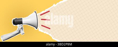 Pop art style megaphone illustration. Vibrant yellow and beige grid background. Suitable for marketing, communication, and retro themed projects. Stock Vector