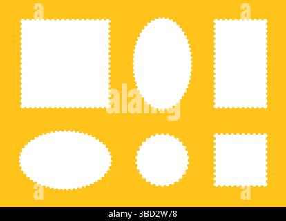 Postage stamp frames. Set of empty borders, backdrops for postcard, letter. White blank circle, rectangular vintage stamps. Flat tags, labels, coupons Stock Vector