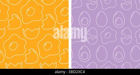 Outline Freehand Fried and Boiled Eggs Cracked Eggshell Seamless Patterns Light on colorful Backdrop. Isolated Vector illustration Easter Greeting Thematic Cards, promo banners, labels, price, invite Stock Vector