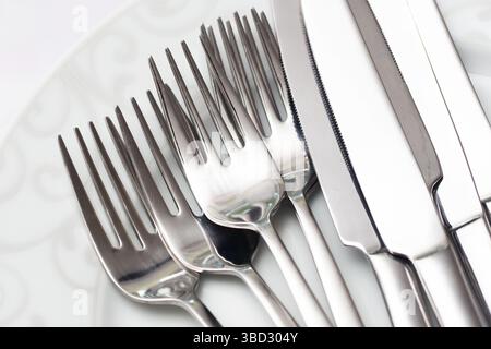 Stainless steel cutlery set. Forks and knives on elegant plate. Polished silver utensils close-up. Table setting concept. Kitchenware details. Stock Photo