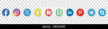 Instagram; facebook; twitter; youtube; pinterest; whatsap; linkedin; telegram; vimeo - Collection of popular social media logo. Editorial vector. Stock Vector