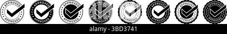 Set of eight approved badge icons in black and white with checkmarks and stars, ideal for validation, trust, and certified product visuals Stock Vector